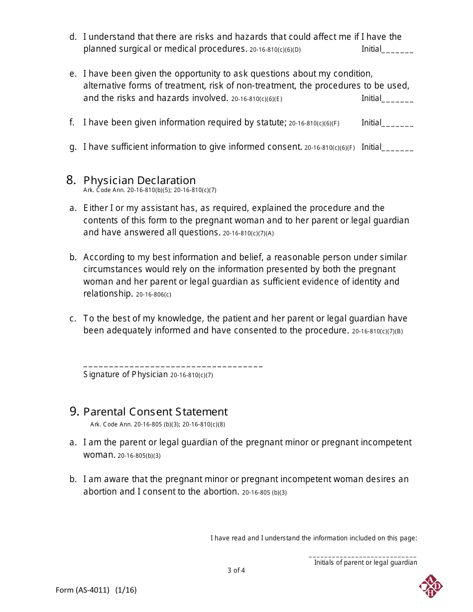 Form AS-4011 Abortion Disclosure and Consent Form for Unemancipated Minors and Women Under Legal Guardianship or Custodianship for Incompetency - Arkansas, Page 3