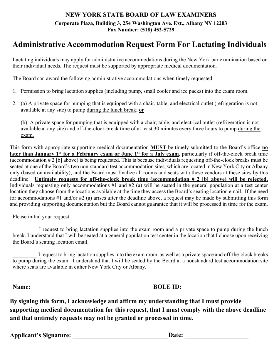 Administrative Accommodation Request Form for Lactating Individuals - New York, Page 1