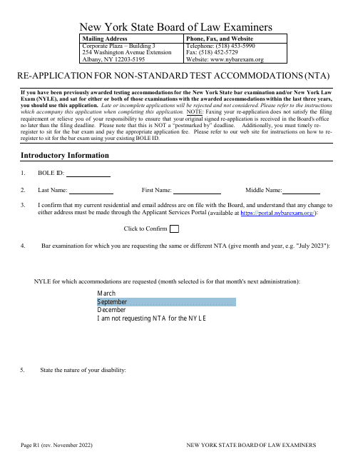 Re-application for Non-standard Test Accommodations (Nta) - New York Download Pdf