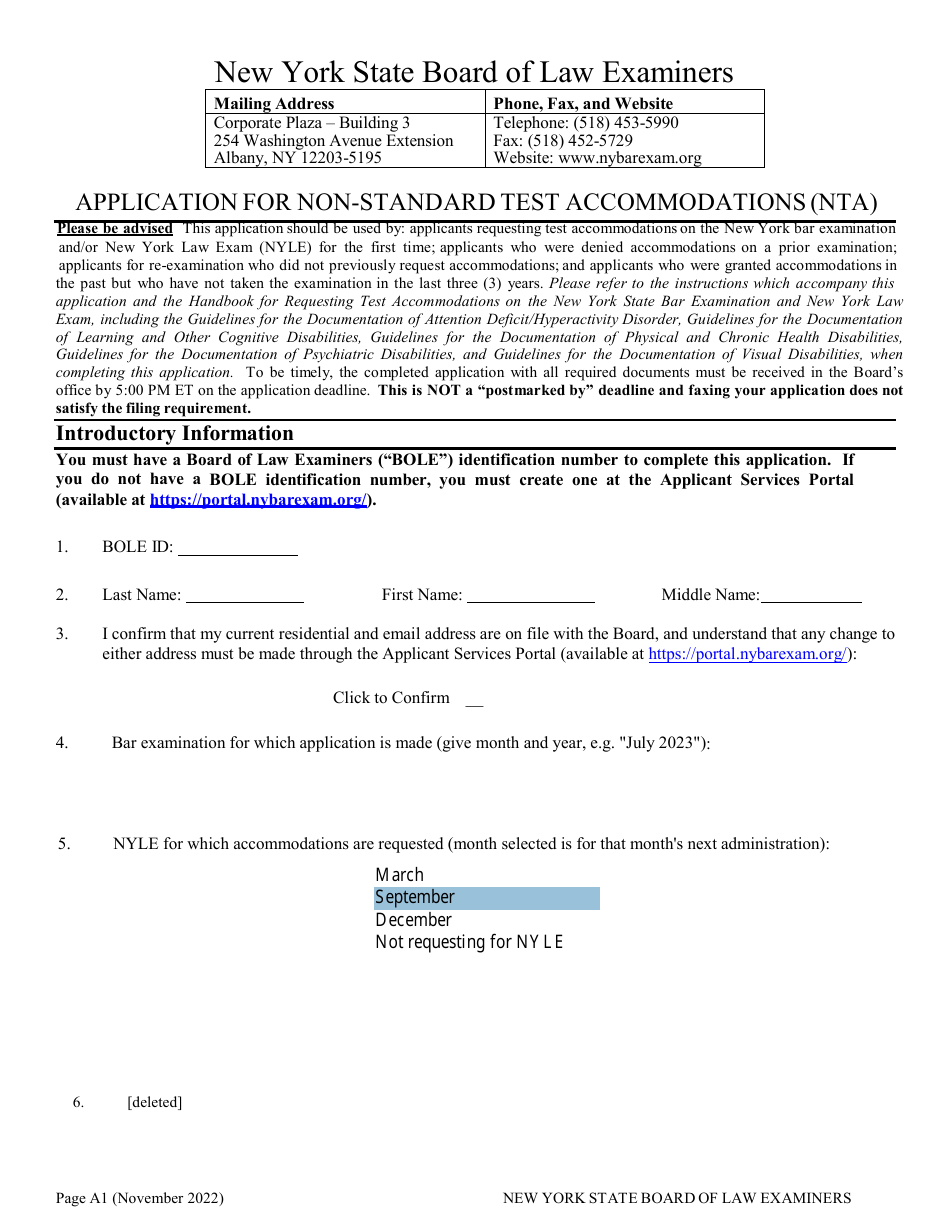 Application for Non-standard Test Accommodations (Nta) - New York, Page 1