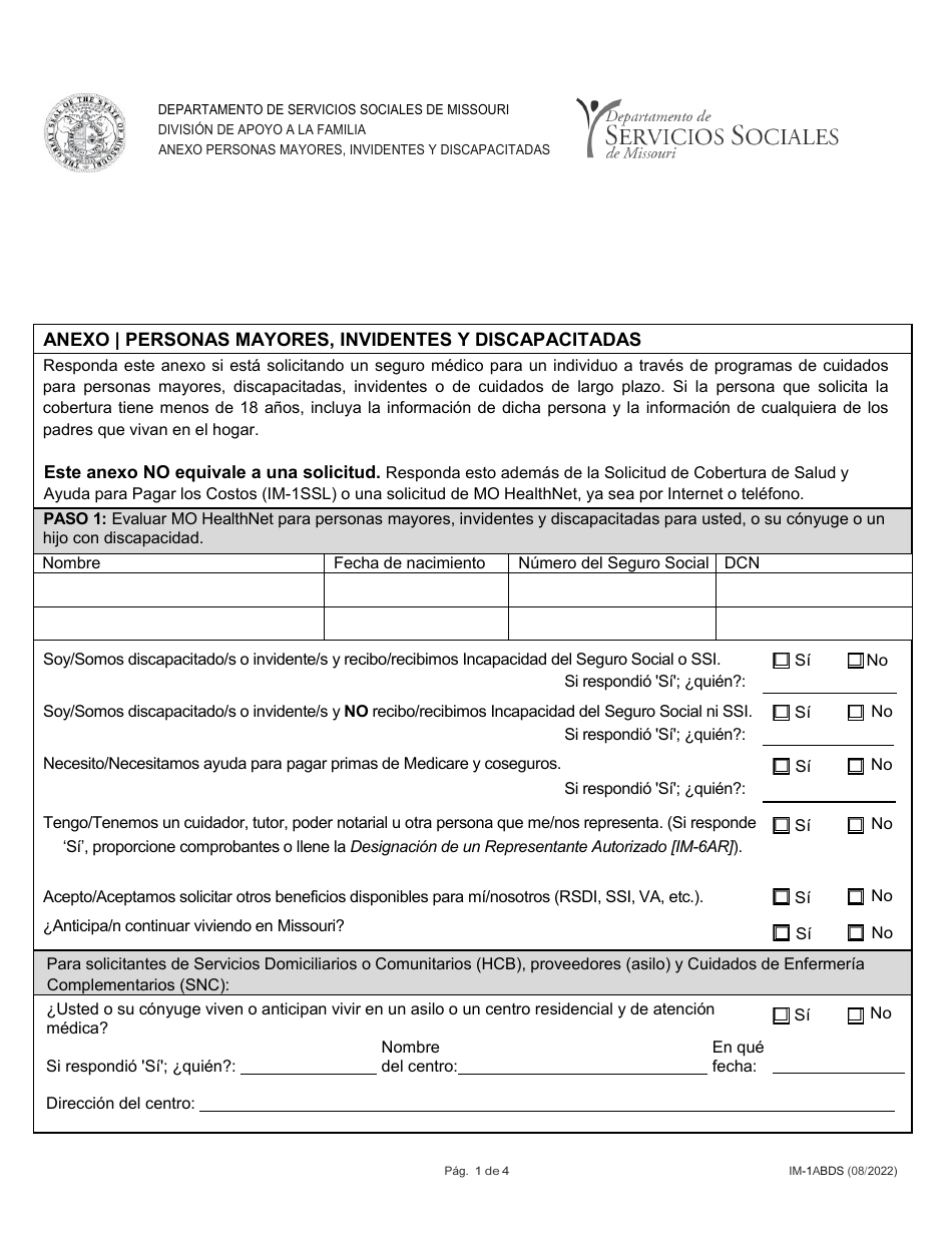 Formulario IM-1ABDS Personas Mayores, Invidentes Y Discapacitadas - Missouri (Spanish), Page 1