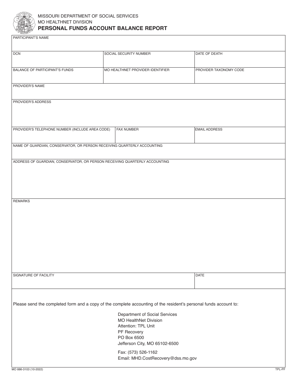 Form MO886-3103 Personal Funds Account Balance Report - Missouri, Page 1