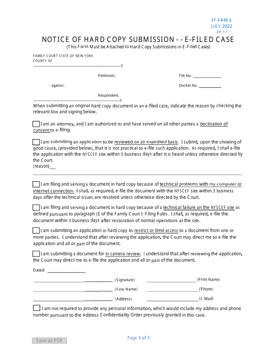 Form EF-FAM-3 Notice of Hard Copy Submission - E-Filed Case - New York, Page 1