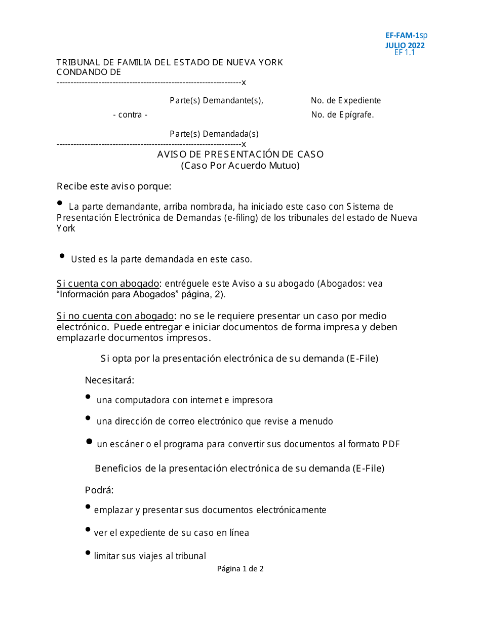 Formulario EF-FAM-1SP Aviso De Presentacioqn De Caso (Caso Por Acuerdo Mutuo) - New York (Spanish), Page 1