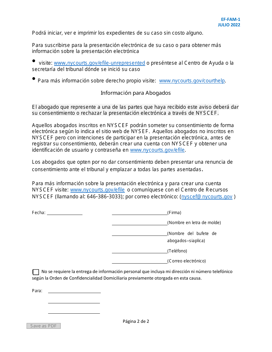 Formulario EF-FAM-1SP Aviso De Presentacioqn De Caso (Caso Por Acuerdo Mutuo) - New York (Spanish), Page 2