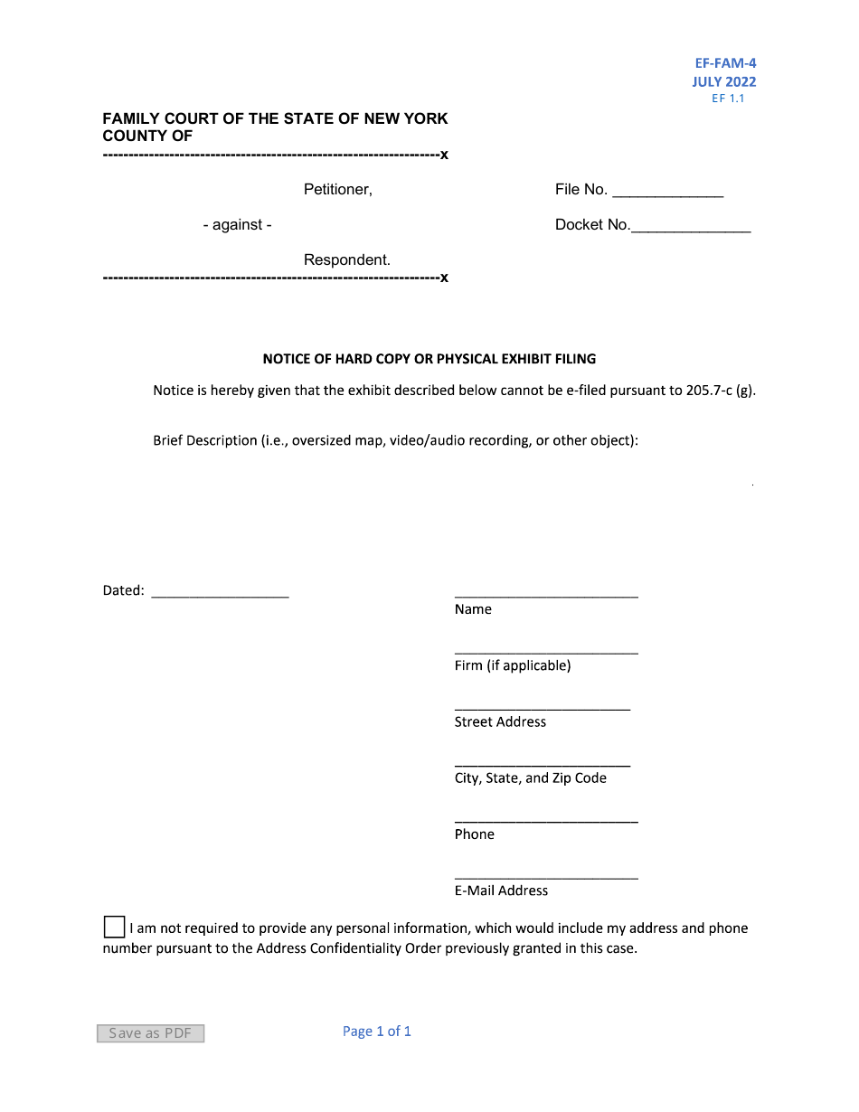 Form EF-FAM-4 Notice of Hard Copy or Physical Exhibit Filing - New York, Page 1