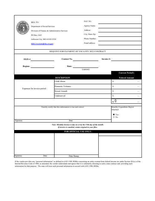 Request for Payment of Voca Contract - Missouri Download Pdf