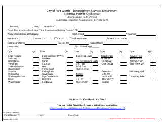 Document preview: Electrical Permit Application - City of Fort Worth, Texas