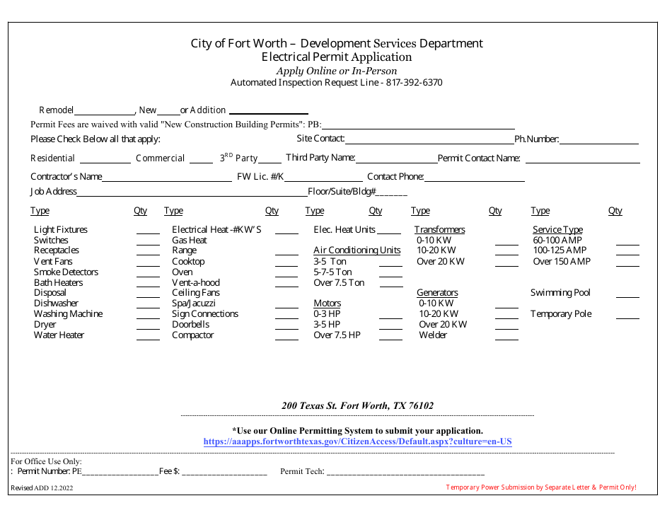 City of Fort Worth, Texas Electrical Permit Application Download