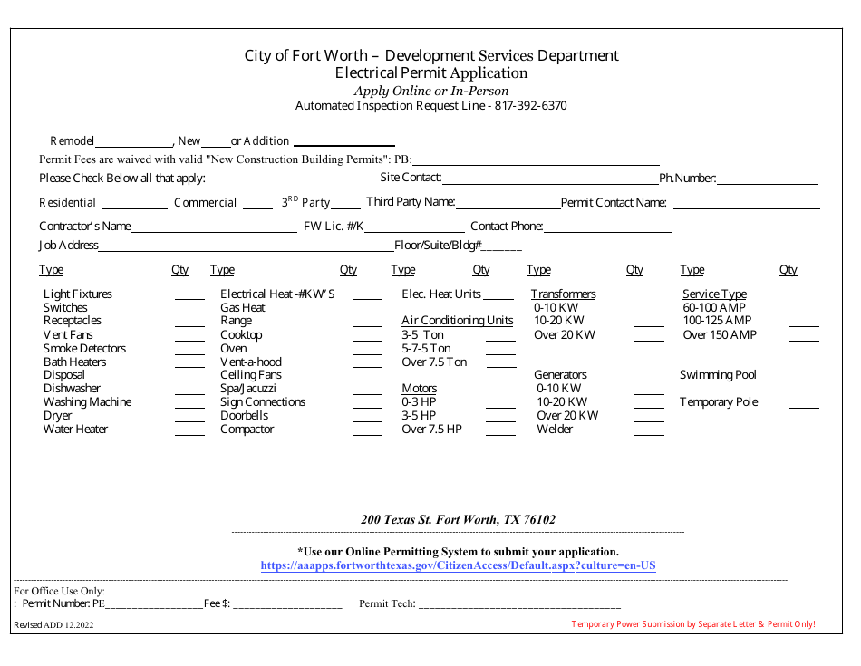 Electrical Permit Application - City of Fort Worth, Texas, Page 1