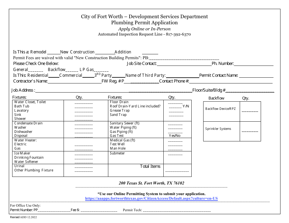 Plumbing Permit Application - City of Fort Worth, Texas, Page 1