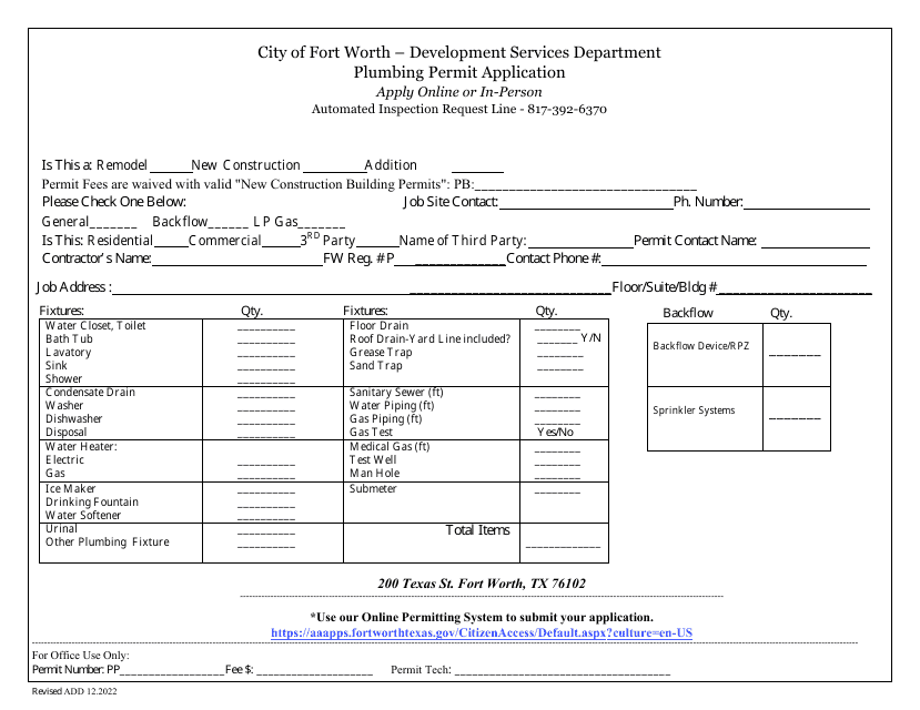 Plumbing Permit Application - City of Fort Worth, Texas Download Pdf