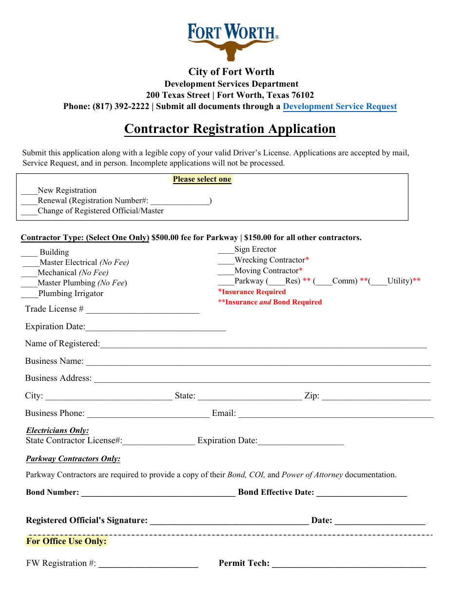 City of Fort Worth, Texas Contractor Registration Application Fill