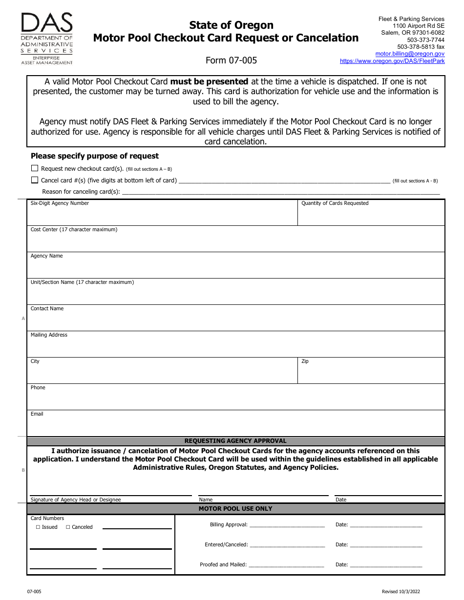 Form 07-005 Motor Pool Checkout Card Request or Cancelation - Oregon, Page 1
