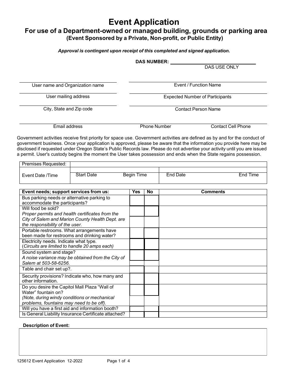Form 125612 Event Application for Use of a Department-Owned or Managed Building, Grounds or Parking Area (Event Sponsored by a Private, Non-profit, or Public Entity) - Oregon, Page 1