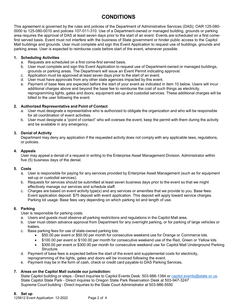 Form 125612 Event Application for Use of a Department-Owned or Managed Building, Grounds or Parking Area (Event Sponsored by a Private, Non-profit, or Public Entity) - Oregon, Page 2