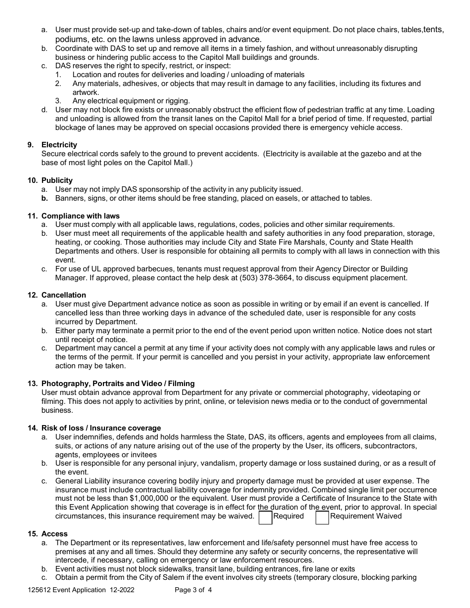 Form 125612 Event Application for Use of a Department-Owned or Managed Building, Grounds or Parking Area (Event Sponsored by a Private, Non-profit, or Public Entity) - Oregon, Page 3