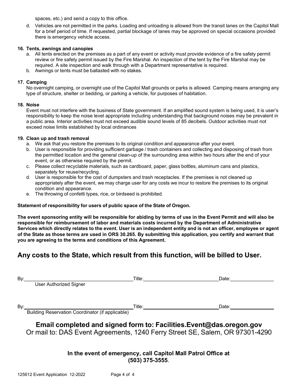 Form 125612 Event Application for Use of a Department-Owned or Managed Building, Grounds or Parking Area (Event Sponsored by a Private, Non-profit, or Public Entity) - Oregon, Page 4