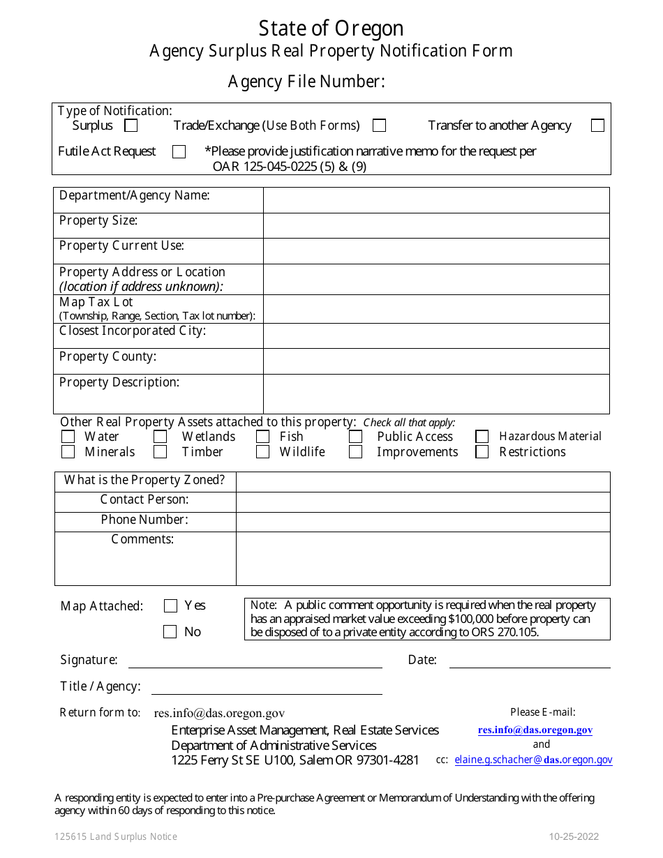 Form 125615 Agency Surplus Real Property Notification Form - Oregon, Page 1
