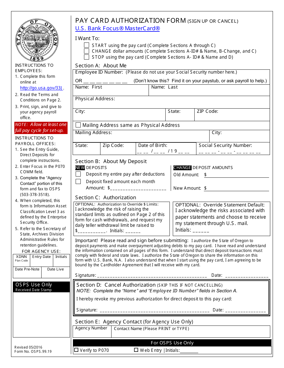 Form OSPS.99.19 Pay Card Authorization Form (Sign up or Cancel) - Oregon (English / Spanish), Page 1