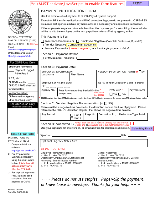 Form OSPS.99.24 Payment Notification Form - Oregon