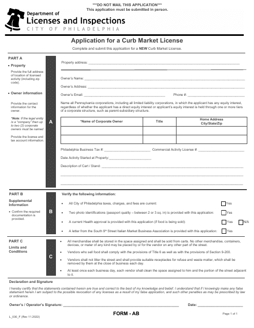 Form L_030_F (AB) Application for a Curb Market License - City of Philadelphia, Pennsylvania