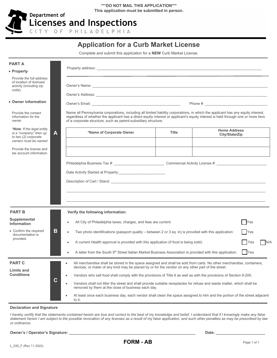 Form L_030_F (AB) Application for a Curb Market License - City of Philadelphia, Pennsylvania, Page 1