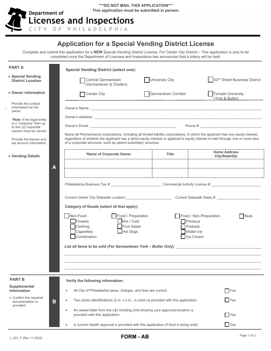 Form AB (L_031_F) Application for a Special Vending District License - City of Philadelphia, Pennsylvania, Page 1