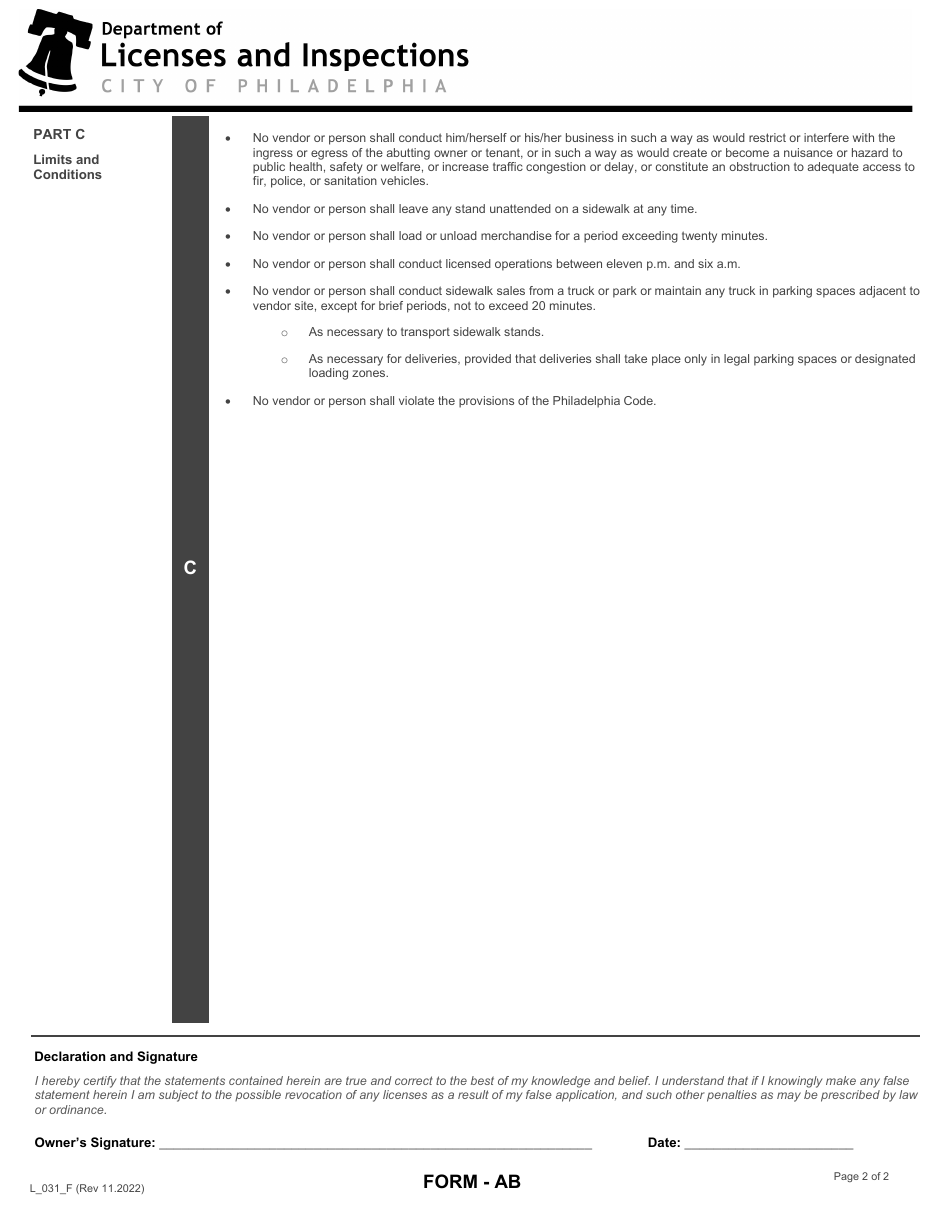 Form AB (L_031_F) Application for a Special Vending District License - City of Philadelphia, Pennsylvania, Page 2