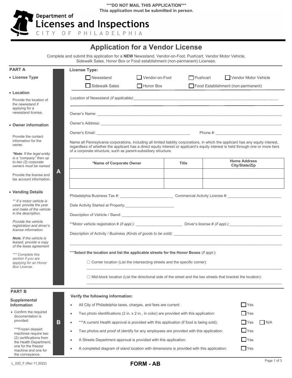 Form AB (L_032_F) Application for a Vendor License - City of Philadelphia, Pennsylvania, Page 1