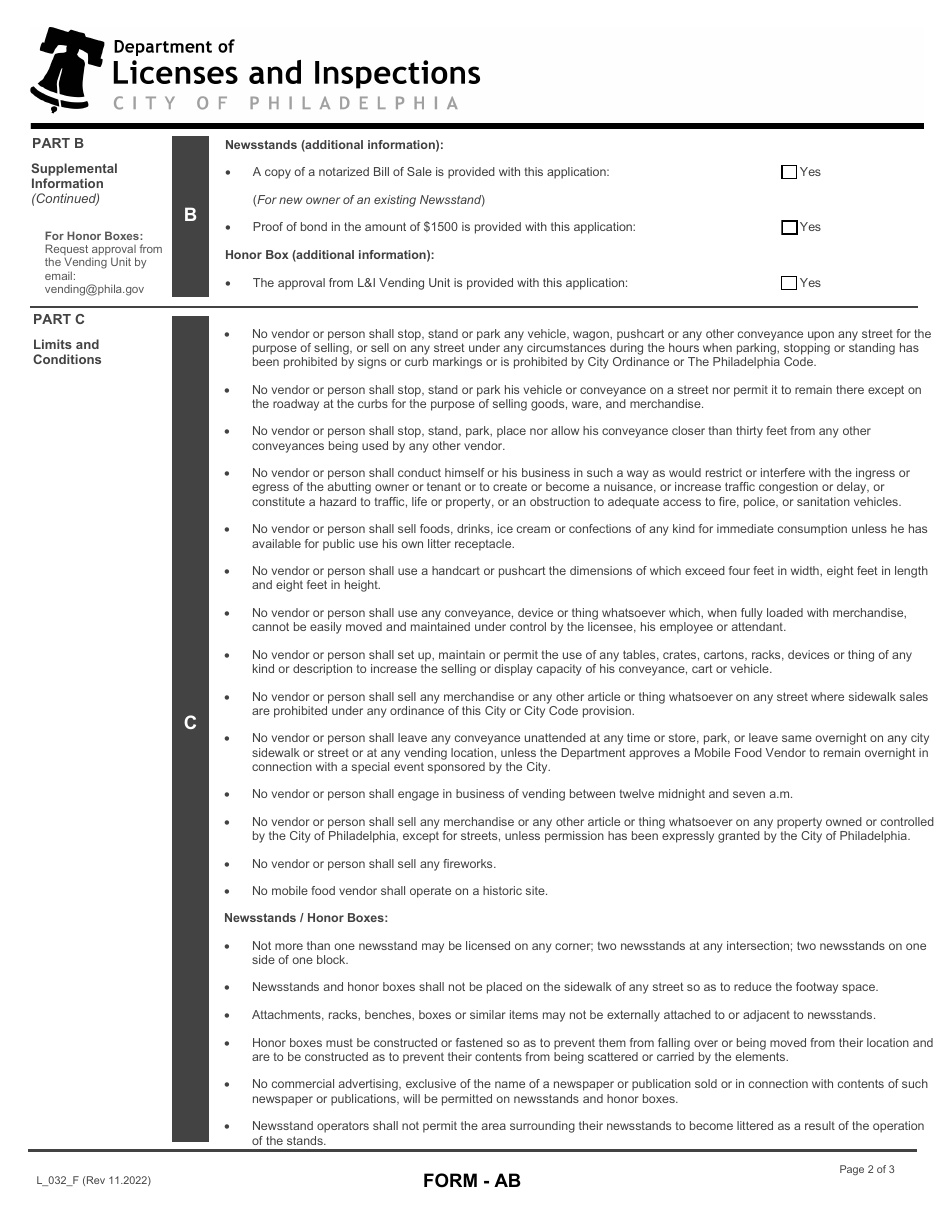 Form AB (L_032_F) Application for a Vendor License - City of Philadelphia, Pennsylvania, Page 2