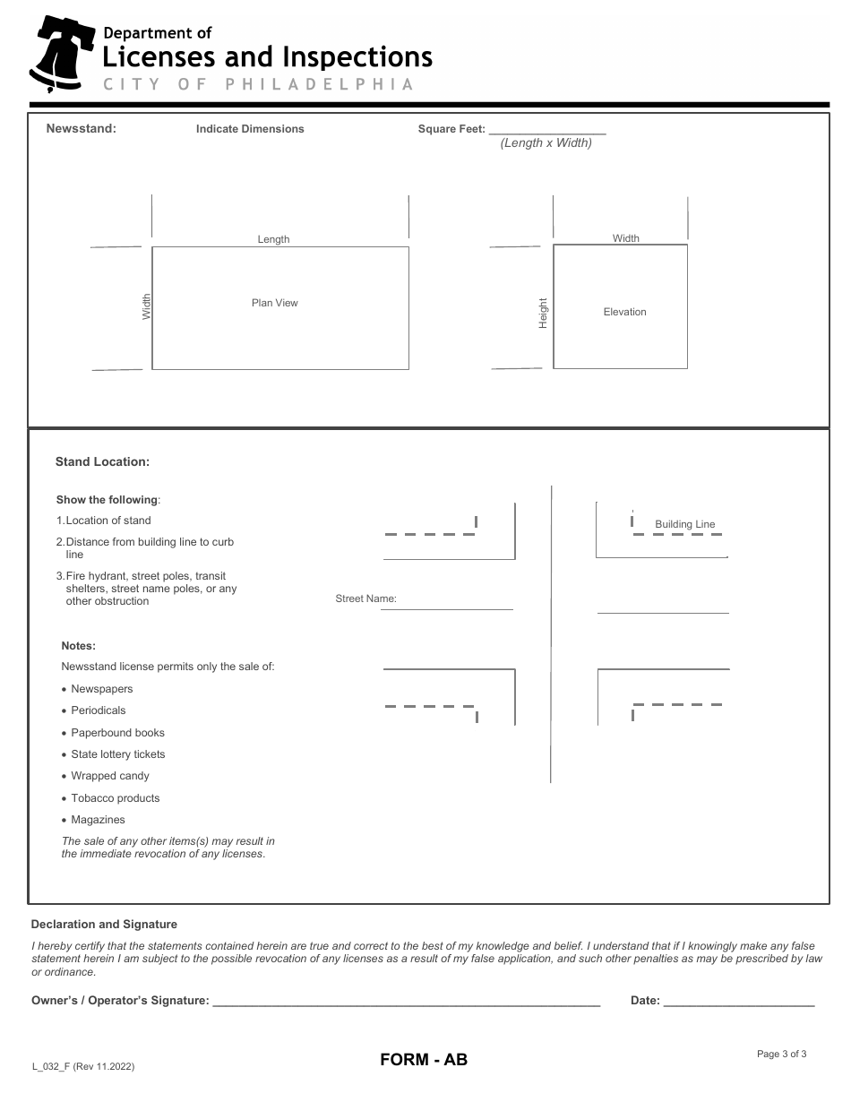 Form AB (L_032_F) Application for a Vendor License - City of Philadelphia, Pennsylvania, Page 3
