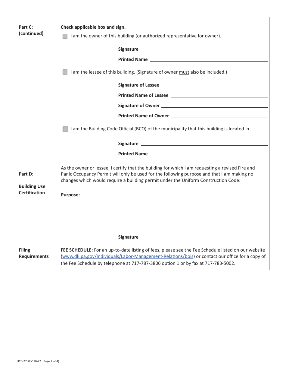Form UCC-27 Request for Duplicate or Revised Occupancy Permit / Certificate - Pennsylvania, Page 2
