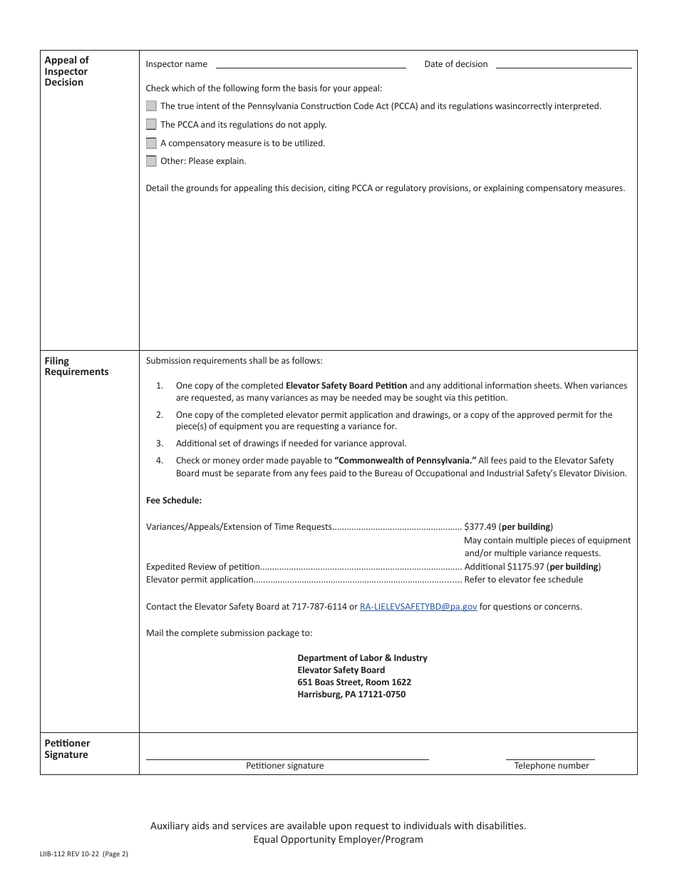Form LIIB-112 Elevator Safety Board Petition - Pennsylvania, Page 2