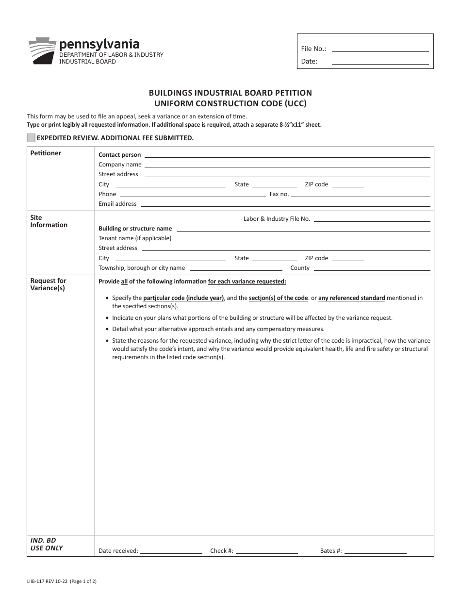 Form LIIB-117 Buildings Industrial Board Petition Uniform Construction Code (Ucc) - Pennsylvania, Page 1