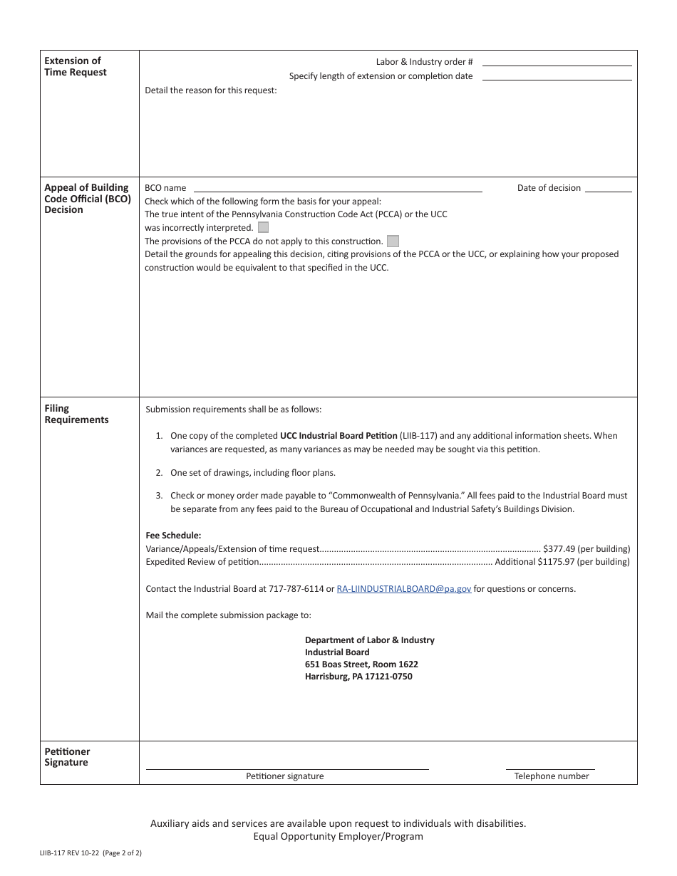 Form LIIB-117 Buildings Industrial Board Petition Uniform Construction Code (Ucc) - Pennsylvania, Page 2