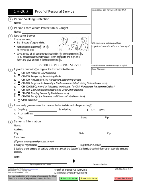 Form CH-200 Proof of Personal Service (Civil Harassment Prevention) - California