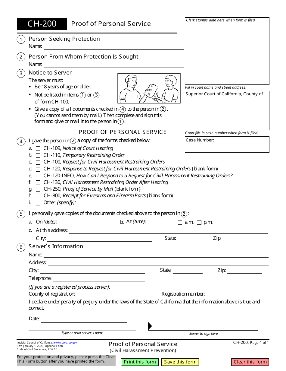 Form CH-200 Proof of Personal Service (Civil Harassment Prevention) - California, Page 1