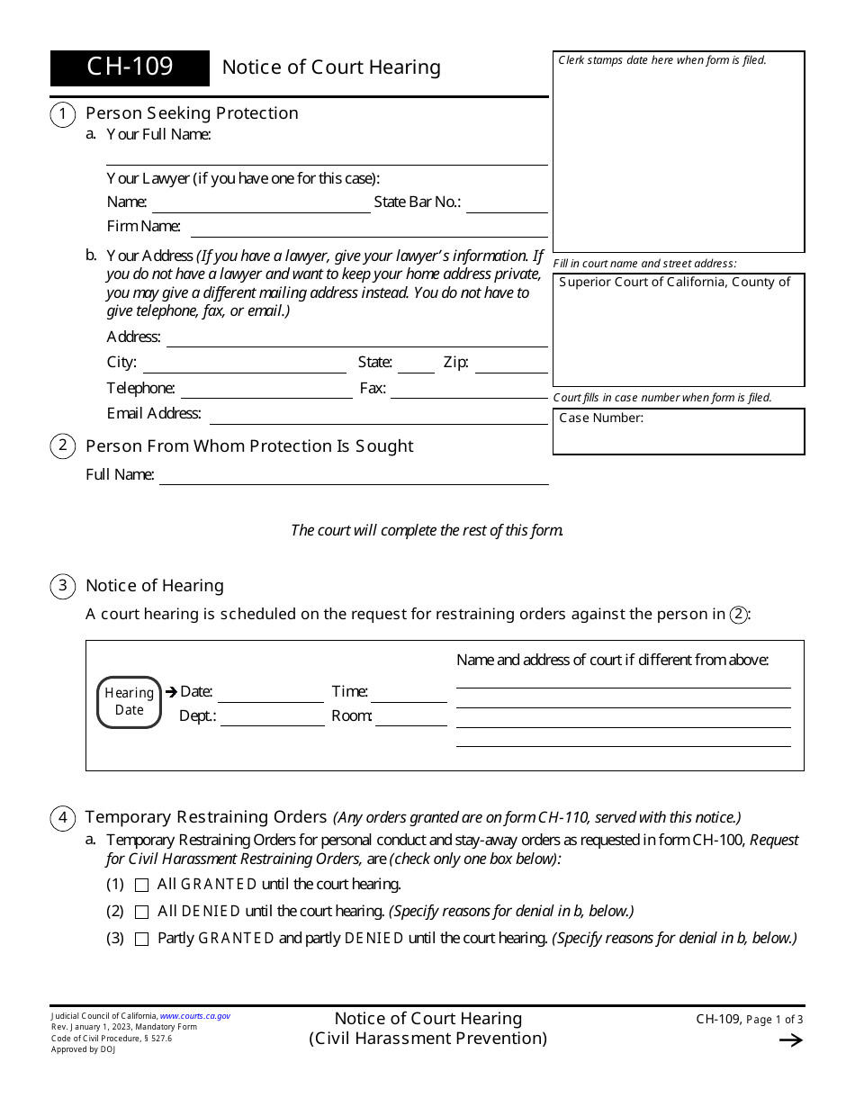 Form CH-109 Notice of Court Hearing (Civil Harassment Prevention) - California, Page 1