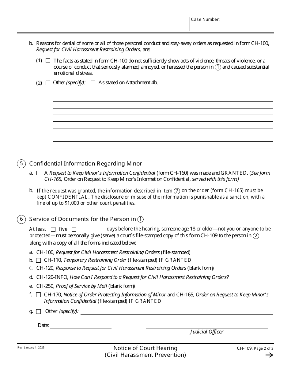 Form CH-109 Notice of Court Hearing (Civil Harassment Prevention) - California, Page 2