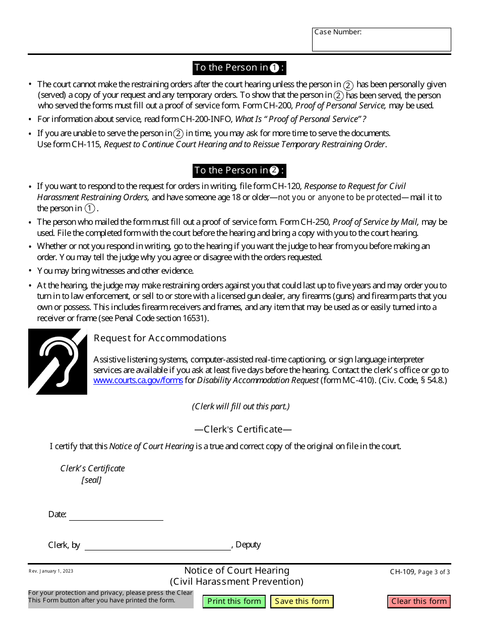 Form CH-109 Notice of Court Hearing (Civil Harassment Prevention) - California, Page 3