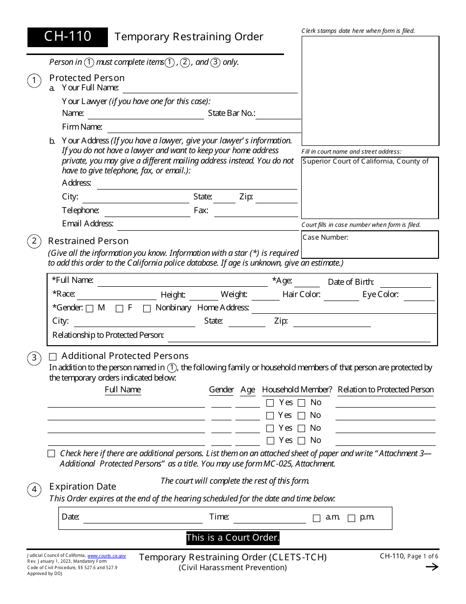 Form CH-110 Temporary Restraining Order (Clets-Tch)(Civil Harassment Prevention) - California, Page 1