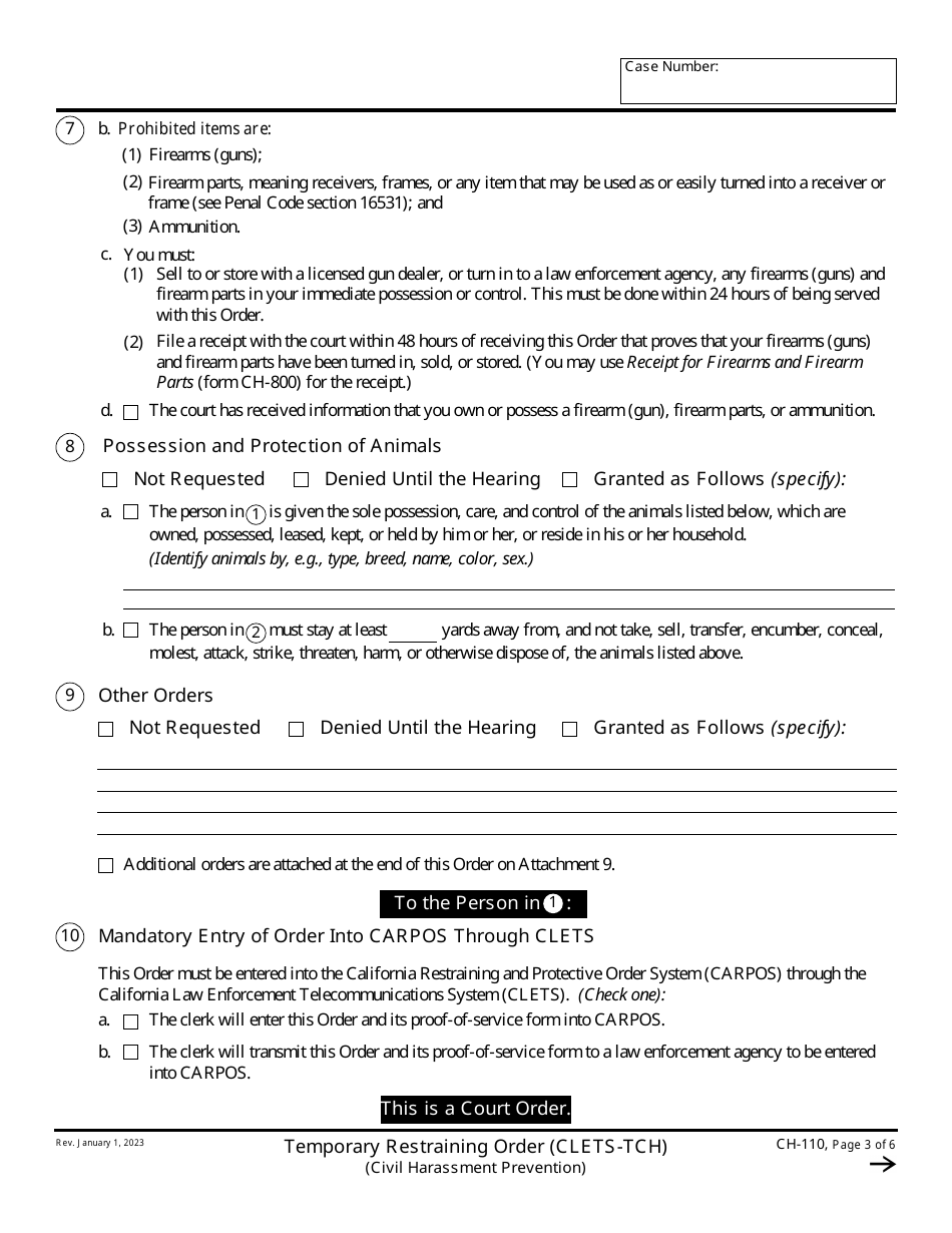 Form CH-110 Temporary Restraining Order (Clets-Tch)(Civil Harassment Prevention) - California, Page 3