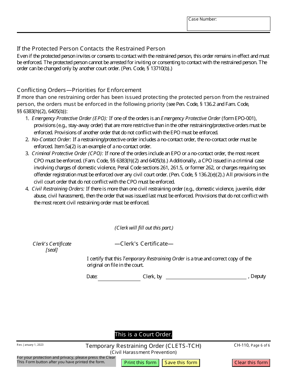 Form CH-110 Temporary Restraining Order (Clets-Tch)(Civil Harassment Prevention) - California, Page 6