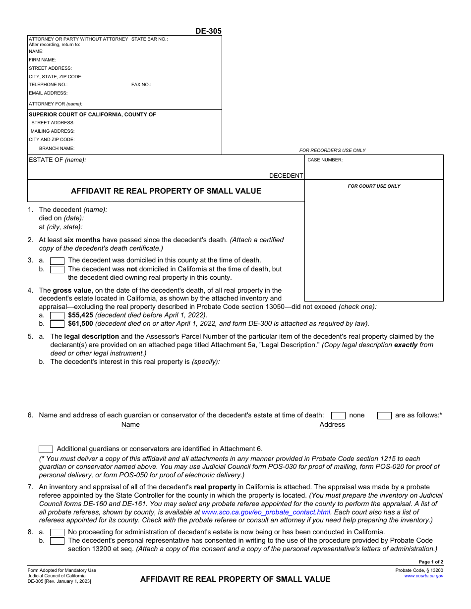 Form DE-305 Affidavit Re Real Property of Small Value - California, Page 1