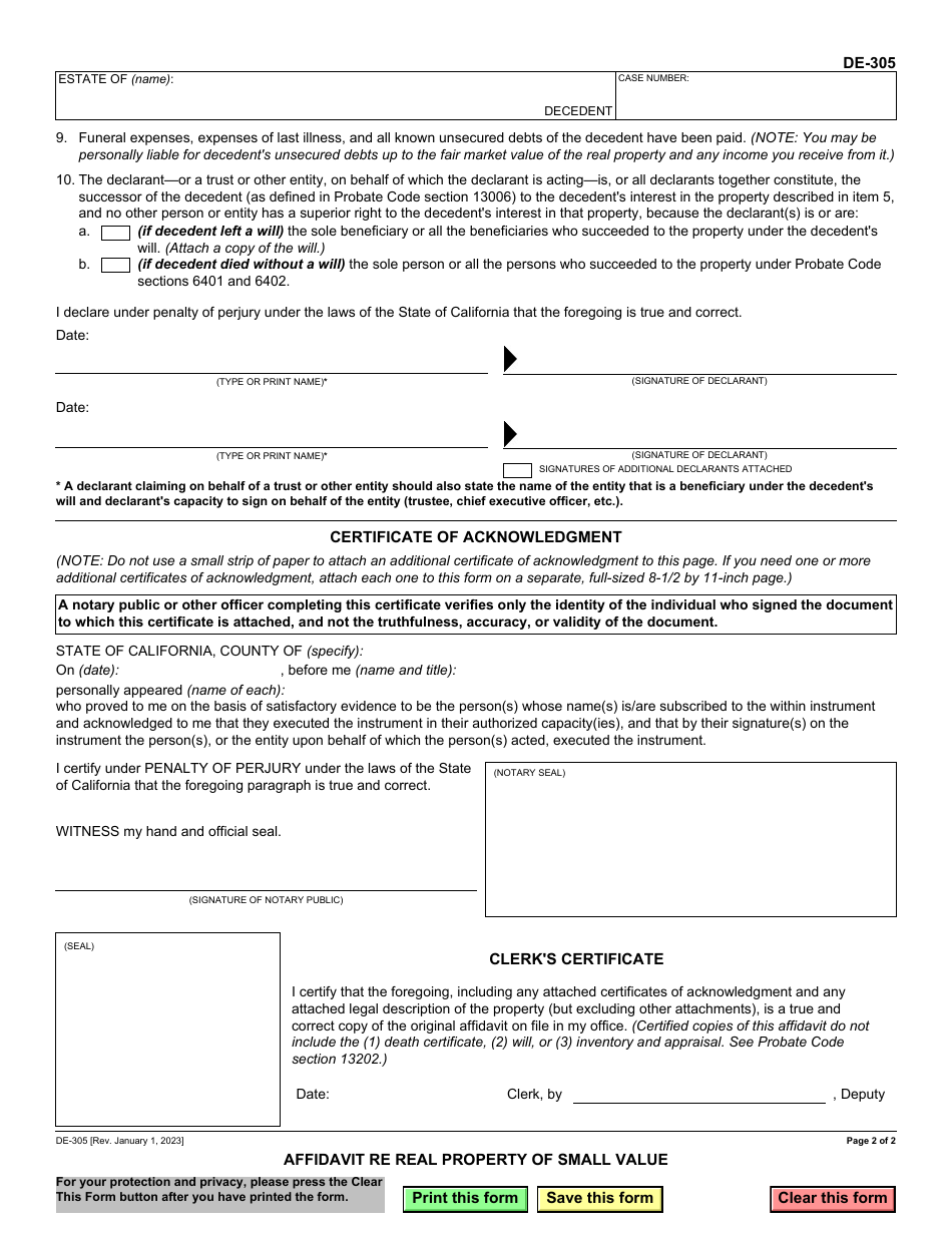 Form DE-305 Affidavit Re Real Property of Small Value - California, Page 2