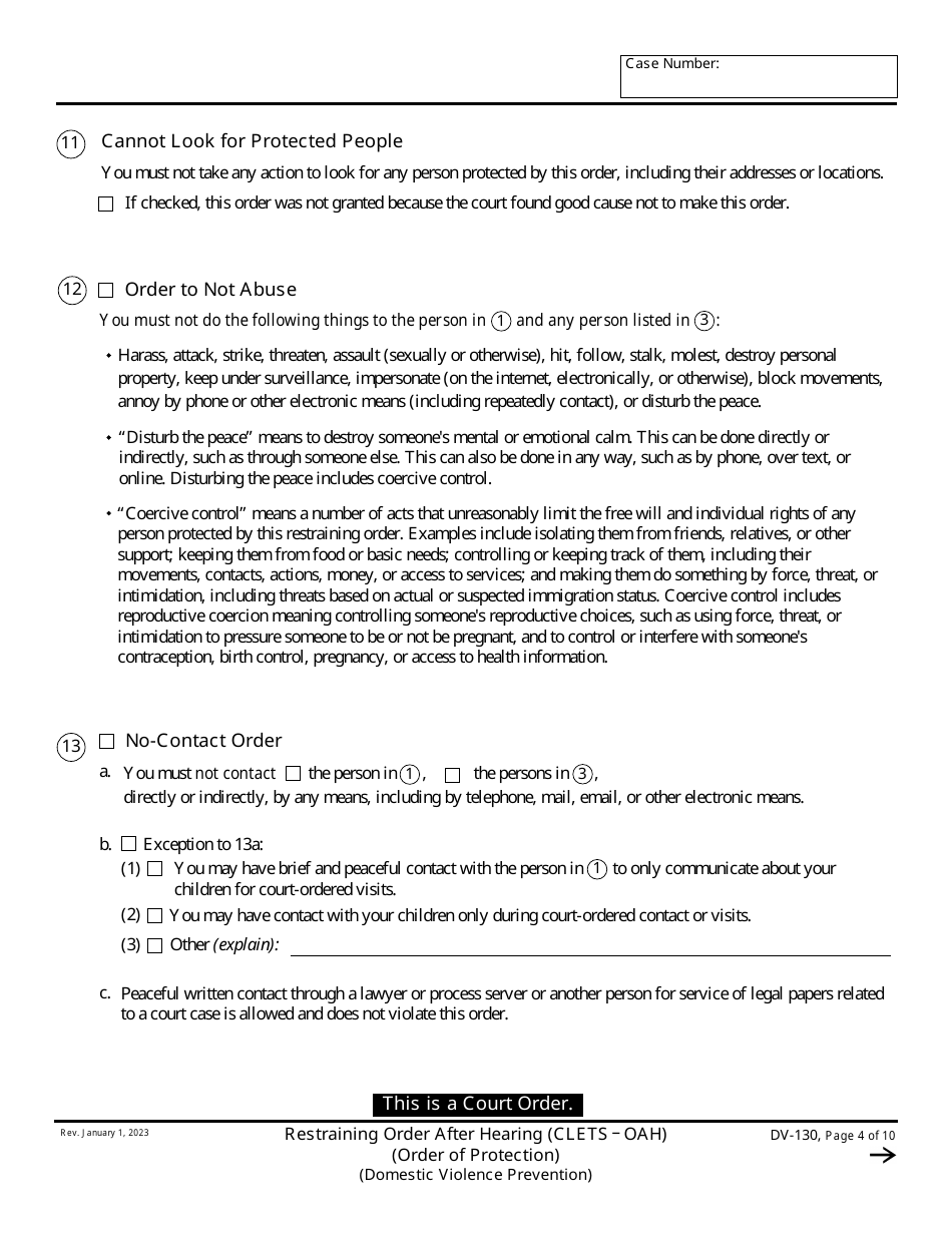 Form DV-130 Restraining Order After Hearing (Clets Oah) (Order of Protection) - California, Page 4