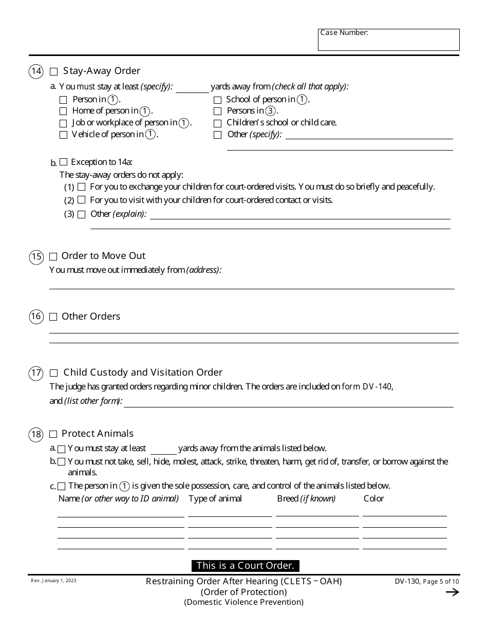 Form DV-130 Restraining Order After Hearing (Clets Oah) (Order of Protection) - California, Page 5