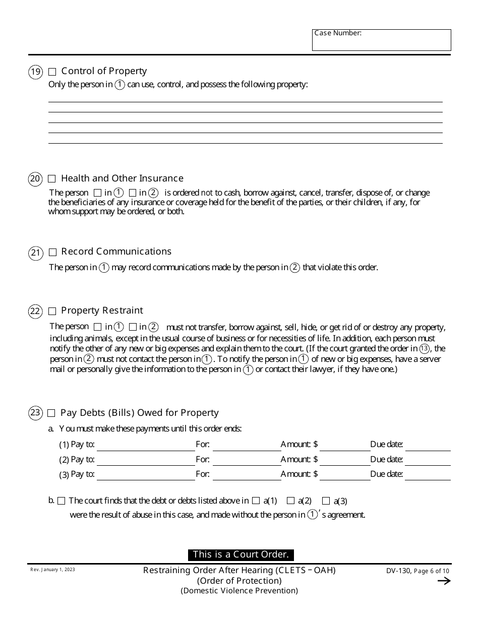 Form DV-130 Restraining Order After Hearing (Clets Oah) (Order of Protection) - California, Page 6