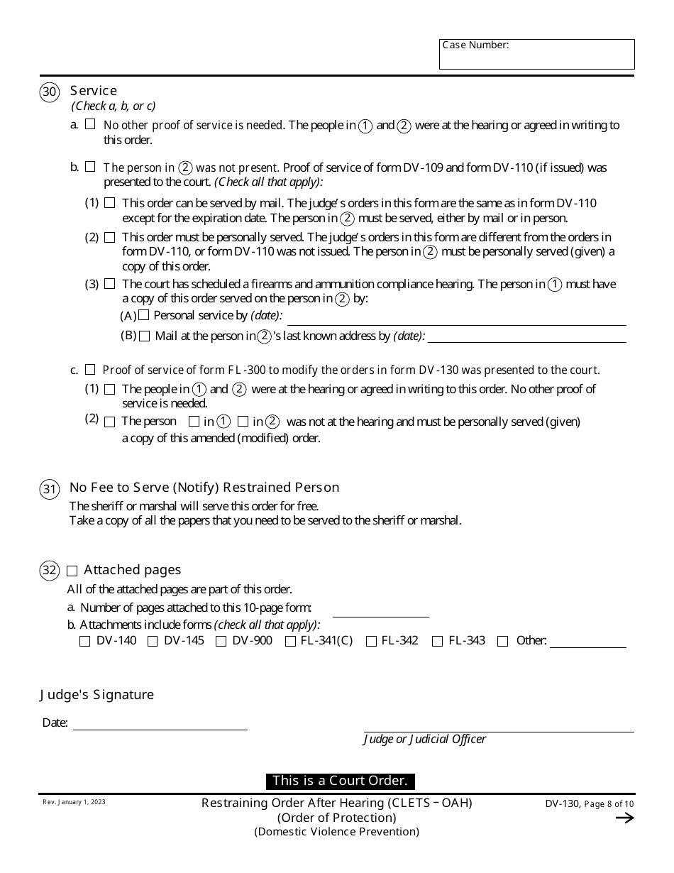 Form DV-130 Restraining Order After Hearing (Clets Oah) (Order of Protection) - California, Page 8